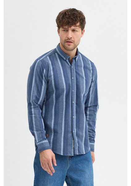Erkek Dikine Çizgili Button Down Yaka Melanj Kışlık Pamuk Gömlek fiyatları