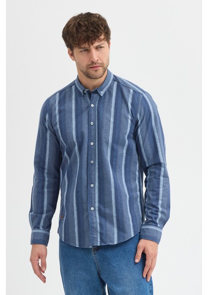 Erkek Dikine Çizgili Button Down Yaka Melanj Kışlık Pamuk Gömlek