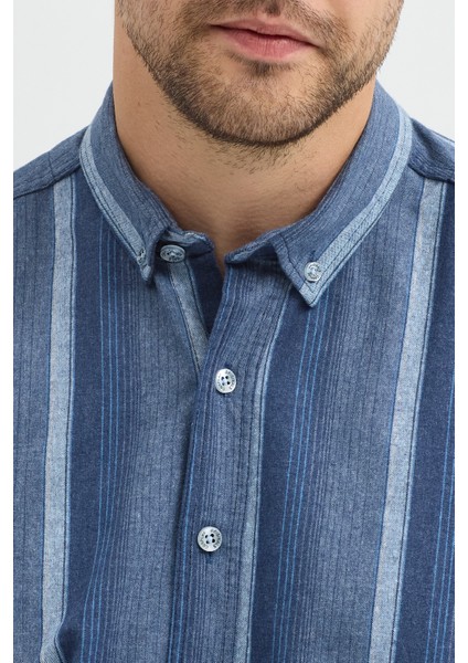 Erkek Dikine Çizgili Button Down Yaka Melanj Kışlık Pamuk Gömlek fırsatları