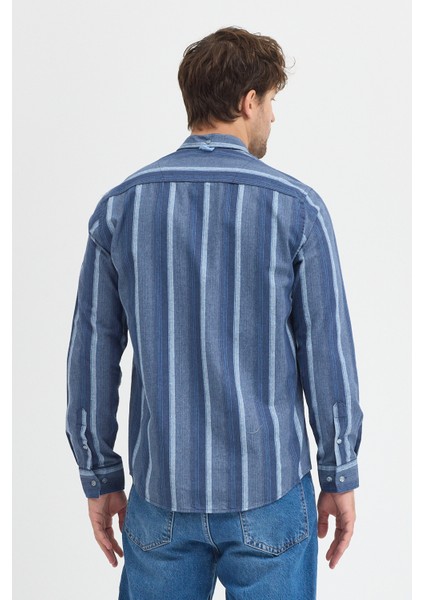 Erkek Dikine Çizgili Button Down Yaka Melanj Kışlık Pamuk Gömlek