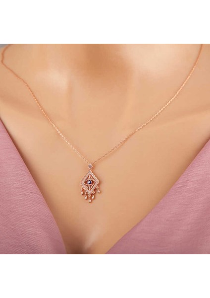 925 Ayar Gümüş Rose Nazarlı Göz Kolye T7365 (800800)