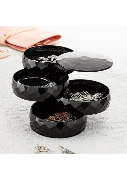 360 Derece Dönebilen 4 Katlı Takı - Toka - Küpe-Bileklik Organizer - Siyah fiyatları
