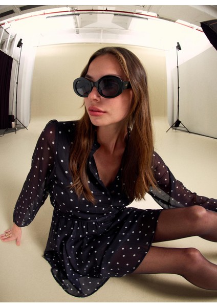 Yuvarlak Yaka Puantiyeli Beyaz - Siyah Mini Kadın Elbise PBF5WL-ELB0114