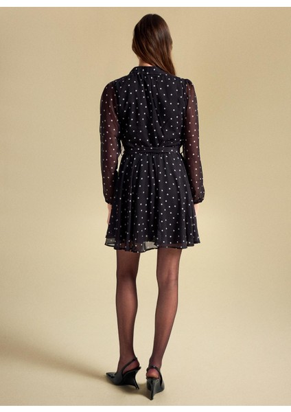 Yuvarlak Yaka Puantiyeli Beyaz - Siyah Mini Kadın Elbise PBF5WL-ELB0114