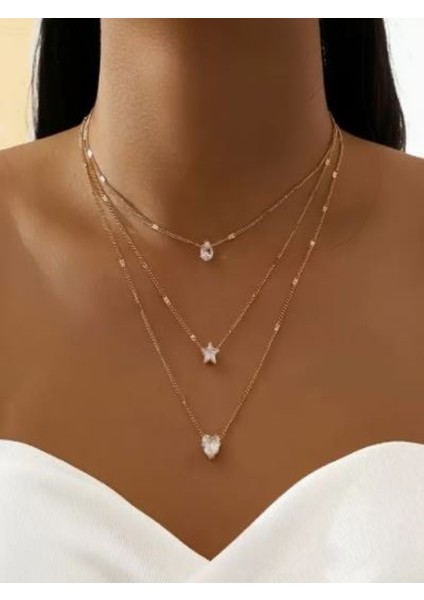 Altın Rengi 3 Sıralı Taşlı Kombin KOLYE-14K Altın Kaplama