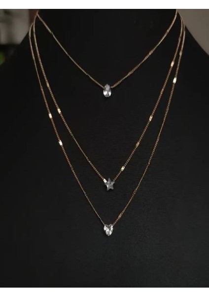 Altın Rengi 3 Sıralı Taşlı Kombin KOLYE-14K Altın Kaplama fiyatları