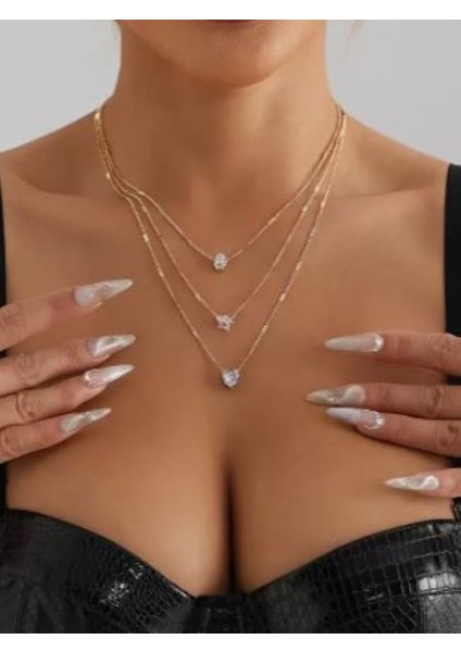 Altın Rengi 3 Sıralı Taşlı Kombin KOLYE-14K Altın Kaplama modelleri