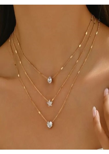 Altın Rengi 3 Sıralı Taşlı Kombin KOLYE-14K Altın Kaplama fırsatları