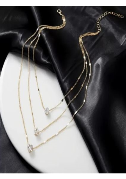 Altın Rengi 3 Sıralı Taşlı Kombin KOLYE-14K Altın Kaplama