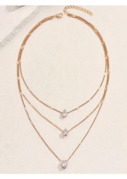 Altın Rengi 3 Sıralı Taşlı Kombin KOLYE-14K Altın Kaplama