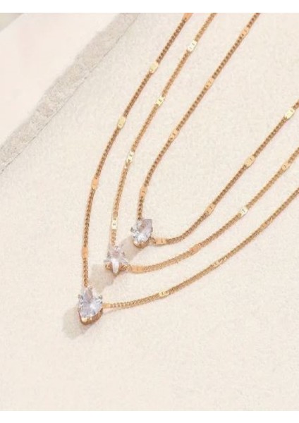 Altın Rengi 3 Sıralı Taşlı Kombin KOLYE-14K Altın Kaplama