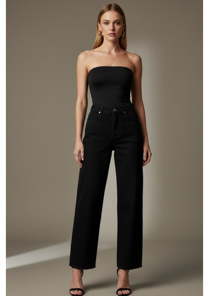 Kadın Siyah Yüksek Bel Palazzo Geniş Paça Jean Pantolon - Yeni Sezon Kadın Palazzo Pantolon