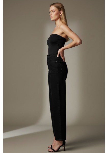 Kadın Siyah Yüksek Bel Palazzo Geniş Paça Jean Pantolon - Yeni Sezon Kadın Palazzo Pantolon fiyatları