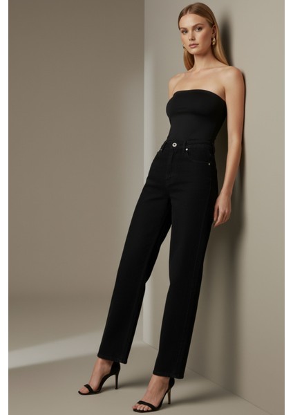 Kadın Siyah Yüksek Bel Palazzo Geniş Paça Jean Pantolon - Yeni Sezon Kadın Palazzo Pantolon indirimleri