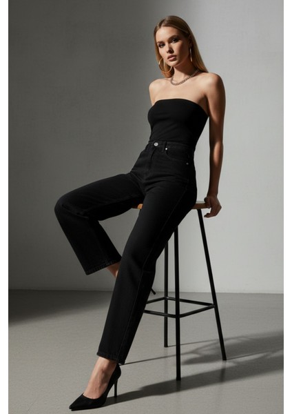 Kadın Siyah Yüksek Bel Palazzo Geniş Paça Jean Pantolon - Yeni Sezon Kadın Palazzo Pantolon