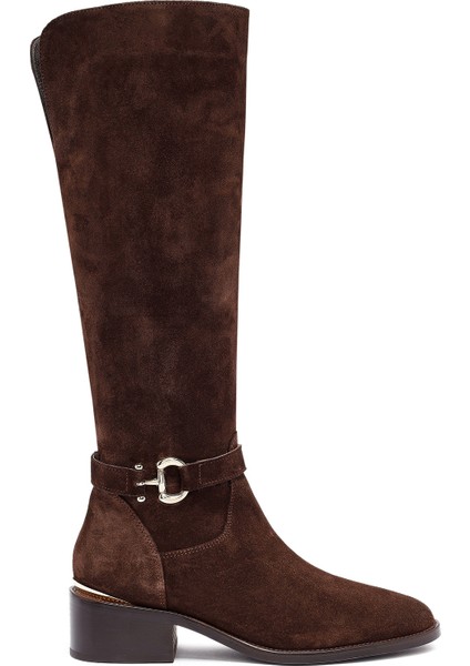 Kadın Kahverengi Fermuarlı Kısa Topuklu Süet Deri Çizme 25WFD153510