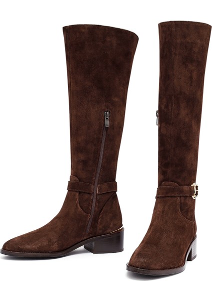 Kadın Kahverengi Fermuarlı Kısa Topuklu Süet Deri Çizme 25WFD153510 modelleri