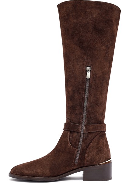Kadın Kahverengi Fermuarlı Kısa Topuklu Süet Deri Çizme 25WFD153510 fırsatları