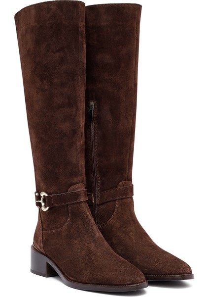 Kadın Kahverengi Fermuarlı Kısa Topuklu Süet Deri Çizme 25WFD153510 indirimleri