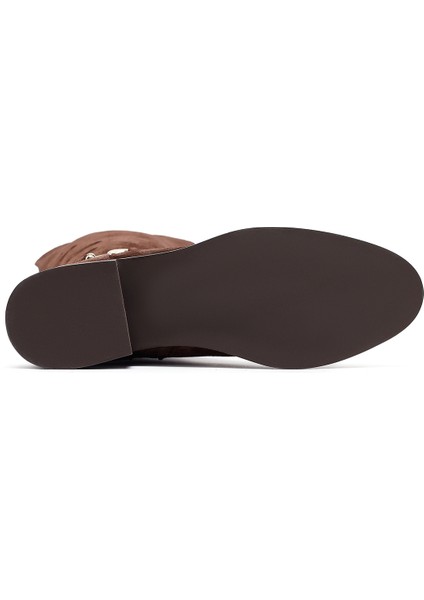 Kadın Kahverengi Fermuarlı Kısa Topuklu Süet Deri Çizme 25WFD153510