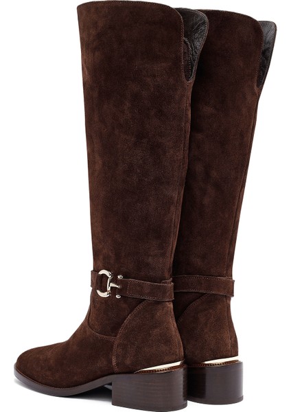 Kadın Kahverengi Fermuarlı Kısa Topuklu Süet Deri Çizme 25WFD153510