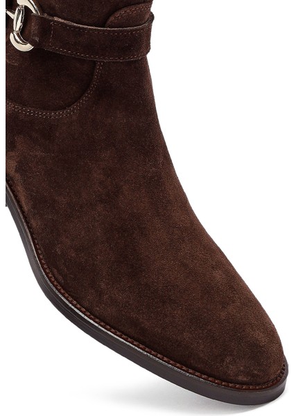 Kadın Kahverengi Fermuarlı Kısa Topuklu Süet Deri Çizme 25WFD153510