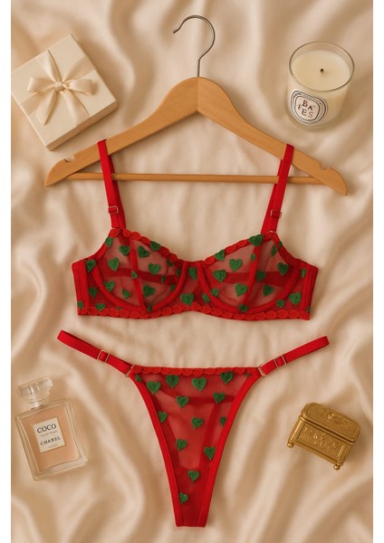 Kırmızı Kalp Desenli Transparan Tül Bralet Tanga Takım
