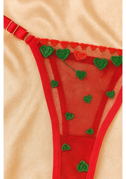 Kırmızı Kalp Desenli Transparan Tül Bralet Tanga Takım modelleri