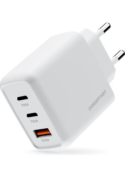 PSM135 65W Pd Hızlı Şarj Adaptörü 2 Type-C + USB Çıkış (3 Port) Güvenli Şarj Beyaz
