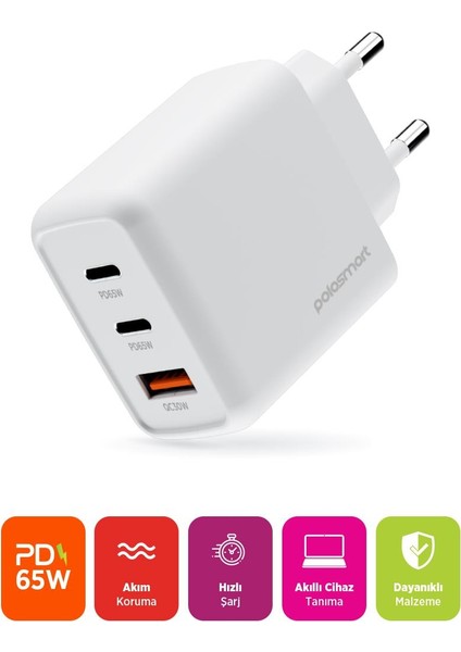 PSM135 65W Pd Hızlı Şarj Adaptörü 2 Type-C + USB Çıkış (3 Port) Güvenli Şarj Beyaz fiyatları