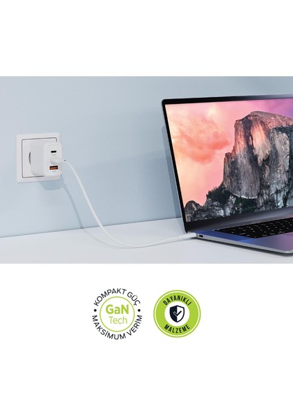 PSM135 65W Pd Hızlı Şarj Adaptörü 2 Type-C + USB Çıkış (3 Port) Güvenli Şarj Beyaz modelleri