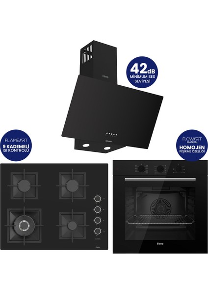 Flowart Turbolu Siyah Cam Ankastre Set ( 65 cm Woklu Ocak ) QBL62CS - SC405 - D086SA