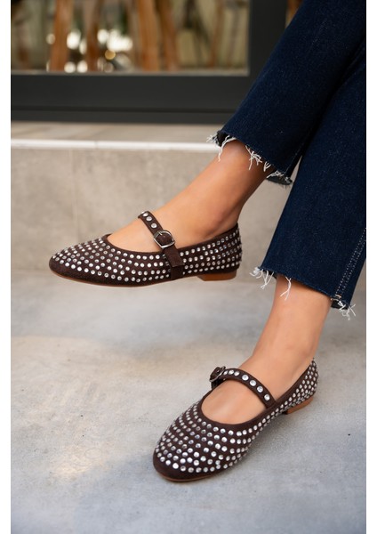 Mac Acı Kahve Süet Taşlı Düz Babet modelleri