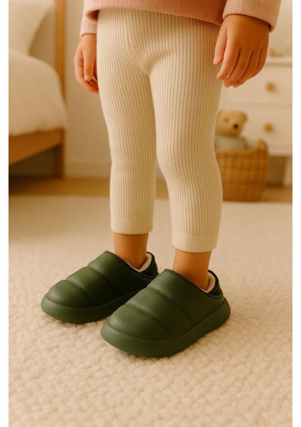 Peluş Içi Yünlü Kışlık Panduf Haki Çocuk Ev Terliği