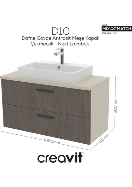 D10 Next Lavabo Dolabı Iki Çekmeceli 100 cm Dafne Gövde Antrasit Meşe
