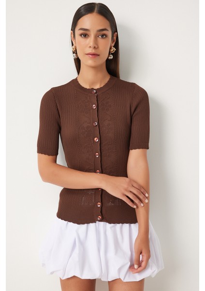 Ajurlu Mevsimlik Triko Hırka LOW0011 Kahverengi