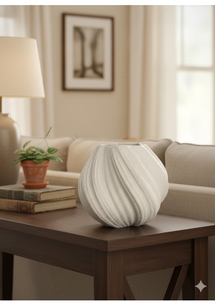 Ahşap & Krem Renk Modern Dalgalı Dekoratif Vazo | Seramik Görünümlü El Yapımı Ev Aksesuarı