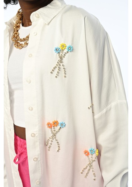 Kadın Çiçek Taş Işlemeli Oversıze Gömlek fiyatları