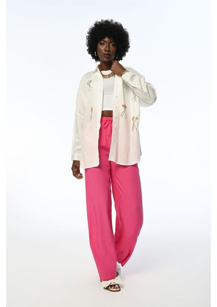 Kadın Çiçek Taş Işlemeli Oversıze Gömlek fırsatları