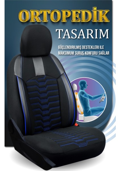 Opel Vectra C Deri Detaylı Oto Koltuk Kılıfı Ön Arka Takım Platinium Seri Siyah Mavi Scr