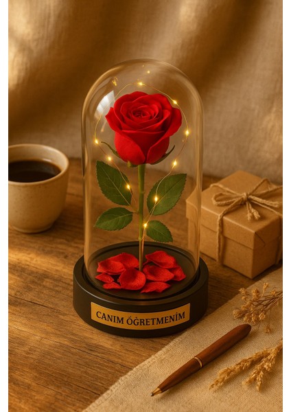 Canım Öğretmenim Temalı Öğretmene Hediye LED Işıklı Mika Fanus Kırmızı Yapma Solmayan Gül