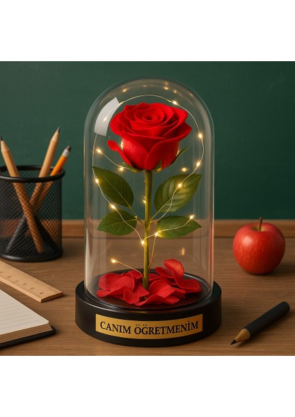 Canım Öğretmenim Temalı Öğretmene Hediye LED Işıklı Mika Fanus Kırmızı Yapma Solmayan Gül fırsatları