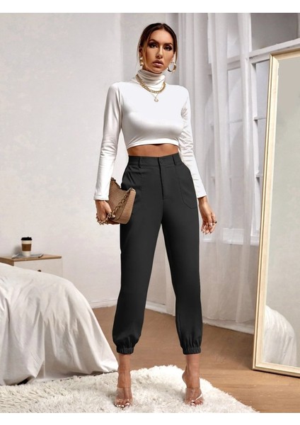 Kadın Yüksek Bel Cepli Paçası Lastikli Ithal Krep Pantolon indirimleri