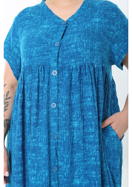 Kadın Büyük Beden Saks, Dokuma Viskon Boy Düğmeli Yan Yırtmaç Cepli Uzun Elbise 65N38734 fiyatları