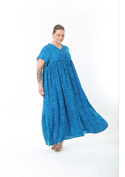 Kadın Büyük Beden Saks, Dokuma Viskon Boy Düğmeli Yan Yırtmaç Cepli Uzun Elbise 65N38734 fırsatları