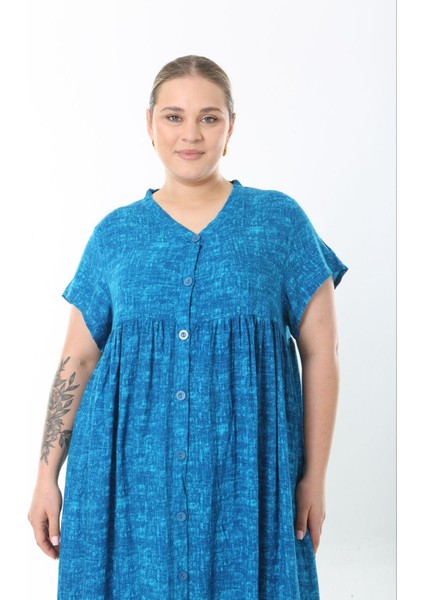 Kadın Büyük Beden Saks, Dokuma Viskon Boy Düğmeli Yan Yırtmaç Cepli Uzun Elbise 65N38734 indirimleri