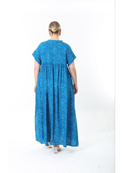 Kadın Büyük Beden Saks, Dokuma Viskon Boy Düğmeli Yan Yırtmaç Cepli Uzun Elbise 65N38734