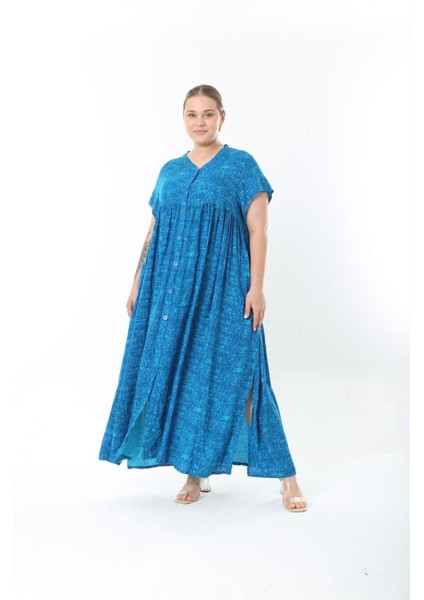 Kadın Büyük Beden Saks, Dokuma Viskon Boy Düğmeli Yan Yırtmaç Cepli Uzun Elbise 65N38734