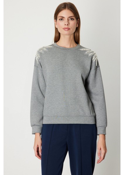 Kadın Omuzları Incili Sweat 66338 Gri