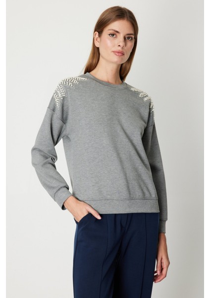Kadın Omuzları Incili Sweat 66338 Gri fiyatları